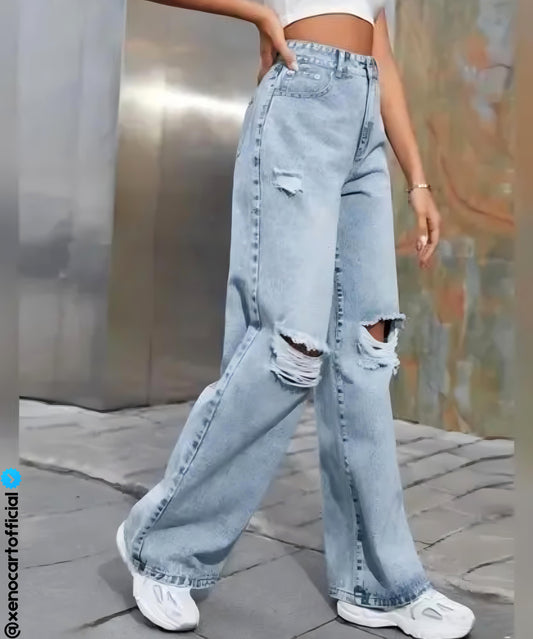 High-Waist Ripped Wide-Leg Jeans