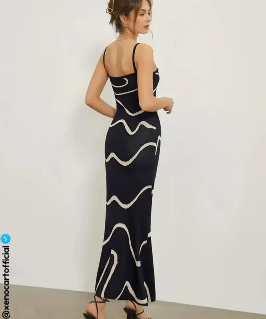 Elegant Wave-Print Maxi Dress