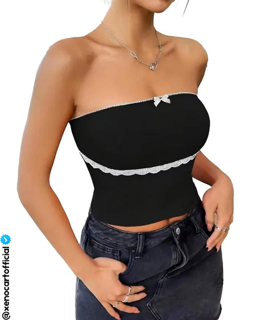 Black Lace Trim Strapless Tube Top