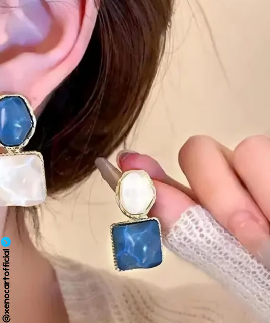 Elegant Blue & White Geometric Drop Earrings