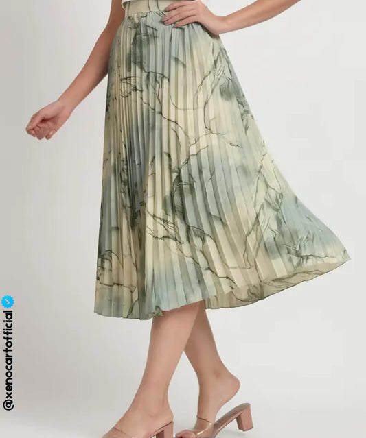 Elegant Pleated Marble Print Midi Skirt